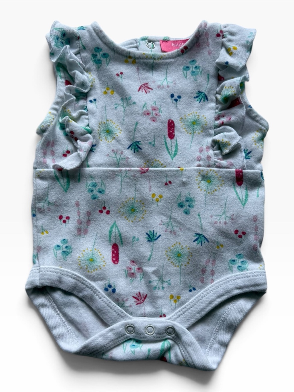 Isaac Mizrahi Light Blue Floral Ruffle Baby One-Piece